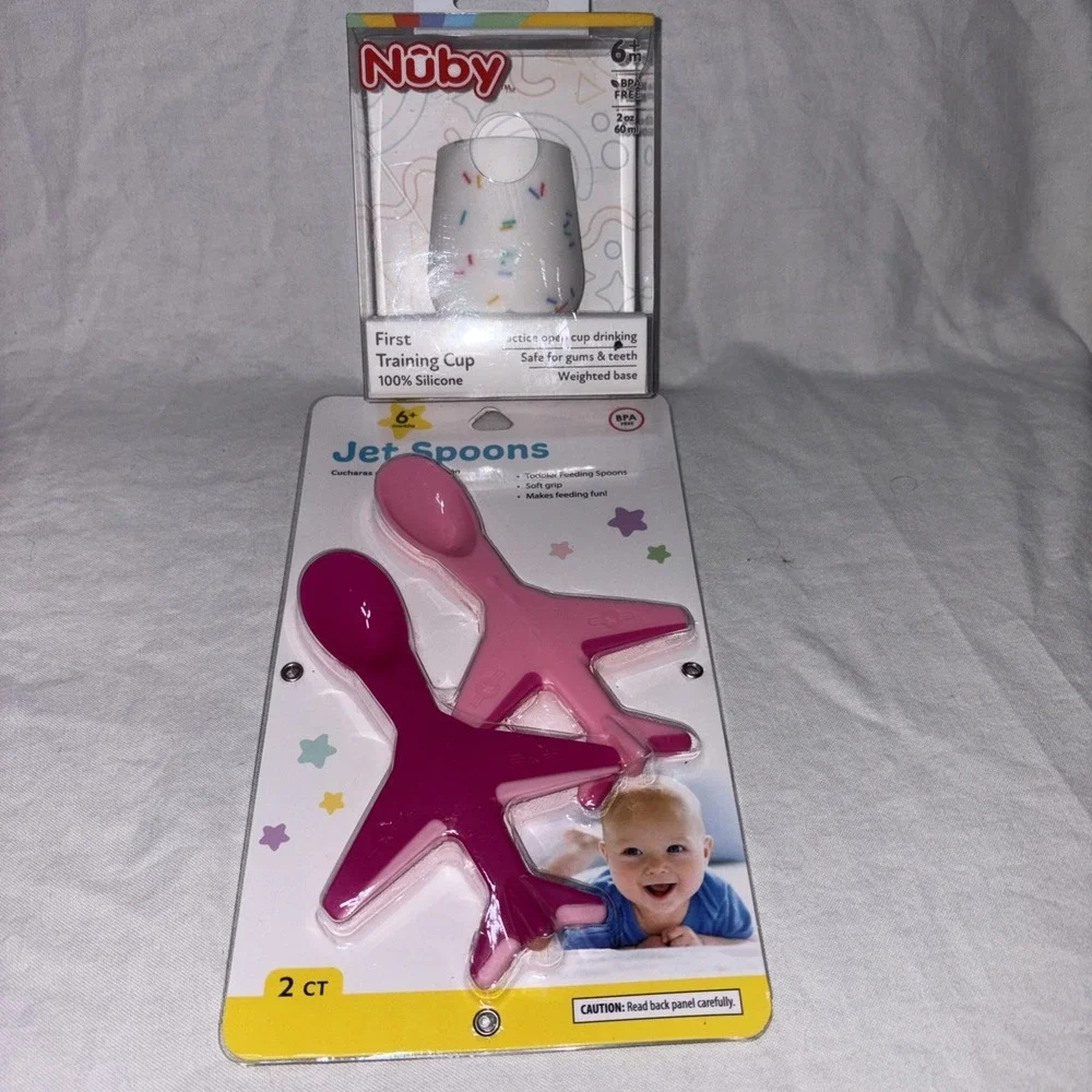 Baby Airplane Spoons Pink Set of 2 Jet Toddler Soft Grip Spoons & Nuby Cup